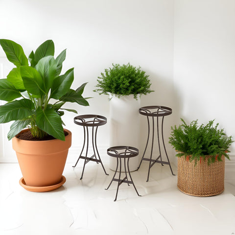 Oakestry Triangular Trivet Plant Stand, 12" Wrought Iron Plant Holder with Graphite Finish, Indoor Outdoor Decorative Planter Stand & Accent Table