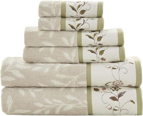 6-Piece Serene 100% Cotton Bath Towel Set Jacquard Leaf Patterned Soft Fluffy and Absorbent for Hotel Beach Pool Gym & Spa, Multi-sizes, Green