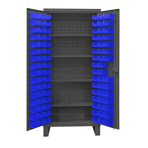 Oakestry Extra Heavy Duty Cabinet 12 Gauge 36 x 24 x 78 4 Adjustable Shelves 96 Blue Bins Recessed Door with Louvered Panel 6 Door Shelves Cast Iron Pad-Lockable Handle Gray