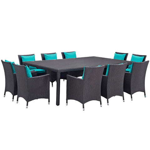 Oakestry Convene 11 Piece Outdoor Patio Dining Set with Turquoise Cushions and Wicker Armchairs