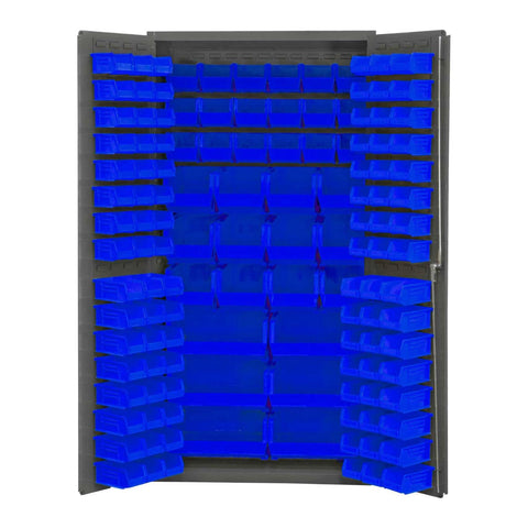 Oakestry Heavy Duty Cabinet 14 Gauge 36 x 24 x 72 132 Blue Bins Flush Doors with Louvered Panel Lockable Chrome Handle with Keys Gray