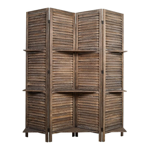 Oakestry Rancho Shelf 4-Panel Room Divider with Shelves Folding Privacy Screen Rustic Brown Wood Partition Freestanding Adjustable Space-Saving Decorative Storage Display for Home Office 47" x 67"