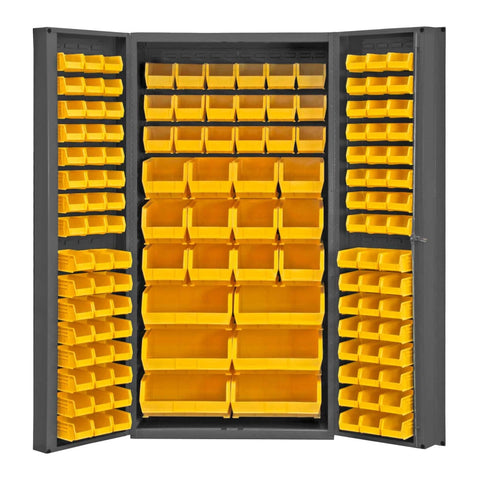 Oakestry Heavy Duty Cabinet 14 Gauge 36 x 24 x 72 132 Yellow Bins 4 Inch Deep Box Doors with Louvered Panel Lockable Chrome Handle with Keys Gray