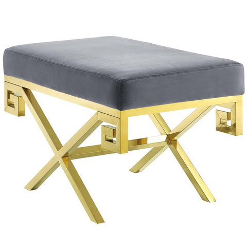 Oakestry Rove Performance Velvet Bench, Modern Upholstered Accent Bench with Gold Stainless Steel Greek Key Base, Gold Gray