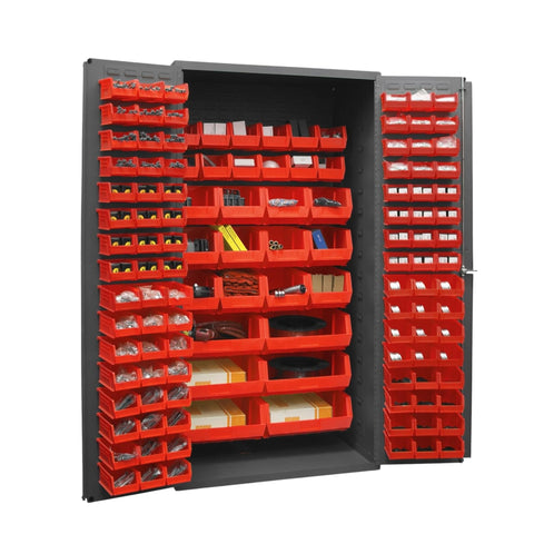 Oakestry 16 Gauge Steel Bin Cabinet 36” x 24” x 72”, 126 Red Bins, Flush Louvered Lockable Doors, Chrome Handle with Keys, Gray