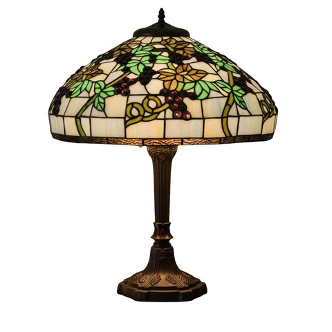 Oakestry 28" Veneto Table Lamp, Tiffany Style Stained Glass with Purple Grape Vine Design, Cloudy Blue Background, Mahogany Bronze Base