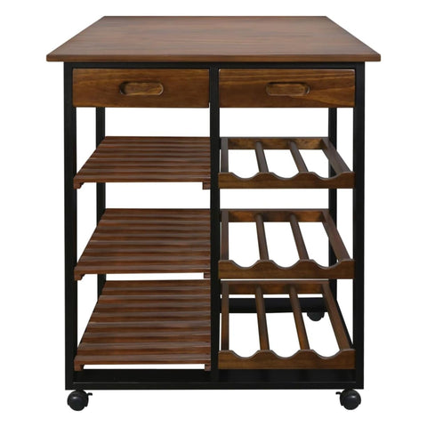 Solid Wood 28 Inch Wide Rolling Kitchen Island Trolley with Wine Rack and Drawer