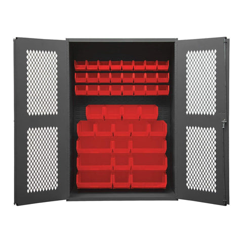 Oakestry Heavy Duty Cabinet 14 Gauge 48 x 24 x 72 42 Red Bins Flush Ventilated Doors Lockable Chrome Handle with Keys Gray