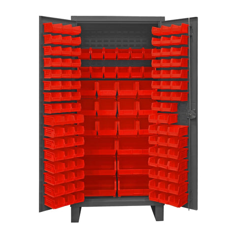 Oakestry Extra Heavy Duty 12-Gauge Steel Storage Cabinet with 126 Bins, Recessed Locking Louvered Doors, Cast Iron Padlockable Handle, Gray Industrial Garage Storage Organizer (Grey, Red)
