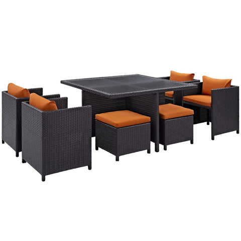 Oakestry Inverse 9 Piece Outdoor Patio Dining Set with Orange Cushions and Wicker Seating