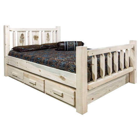 Homestead Collection California King Storage Bed w/ Laser Engraved Pine Design, Clear Lacquer Finish