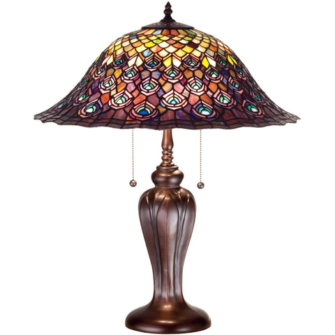 Oakestry 25" Tiffany Peacock Feather Table Lamp, Opalescent Multicolor Stained Glass Shade, Mahogany Bronze Base
