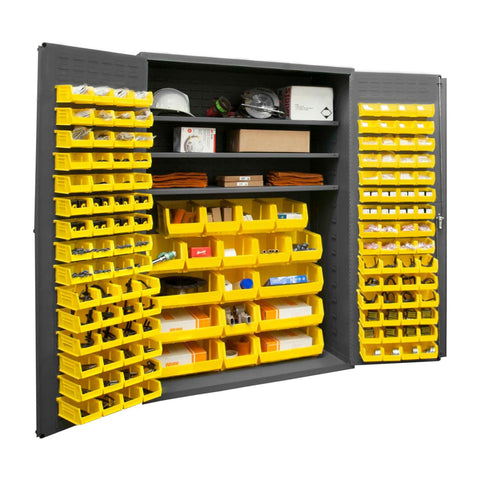 Oakestry Heavy Duty Cabinet 14 Gauge 3 Adjustable Shelves 138 Yellow Bins Flush Doors with Louvered Panel Lockable Chrome Handle with Keys
