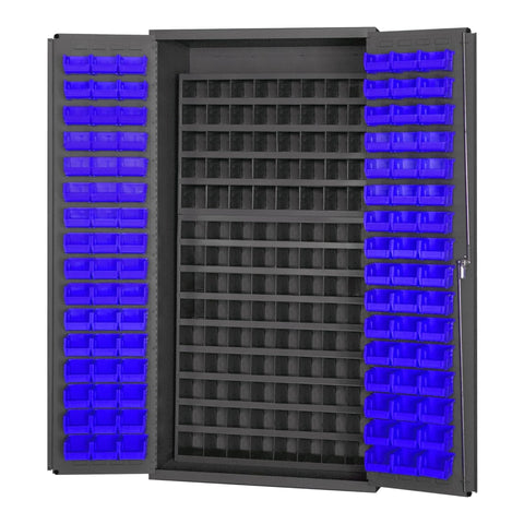 Oakestry Heavy Duty Cabinet 14 Gauge 36 x 24 x 72 96 Blue Bins 112 Steel Bins Flush Doors with Louvered Panel Lockable Chrome Handle with Keys Gray