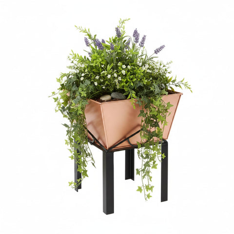 Oakestry Marion I Planter with Stand, Copper Plated Square Flower Box & Black Wrought Iron Base, Indoor Outdoor Geometric Plant Stand