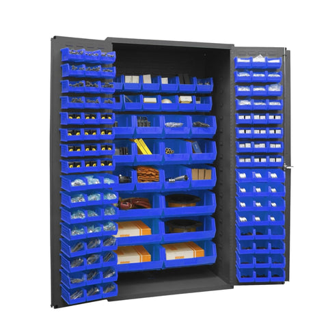 Oakestry 16 Gauge Steel Bin Cabinet 36” x 24” x 72”, 126 Blue Bins, Flush Louvered Lockable Doors, Chrome Handle with Keys, Gray
