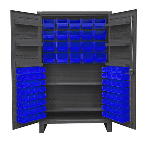 Oakestry Extra Heavy Duty 12-Gauge Steel Storage Cabinet with 2 Adjustable Shelves, 84 Bins & 6 Door Shelves, Recessed Locking Louvered Doors, Padlockable Handle (Grey, Blue)