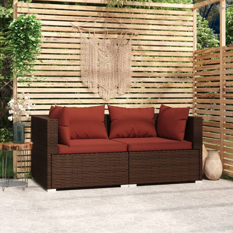 Oakestry 2-Seater Outdoor Sofa Brown Poly Rattan with Cinnamon Red Cushions
