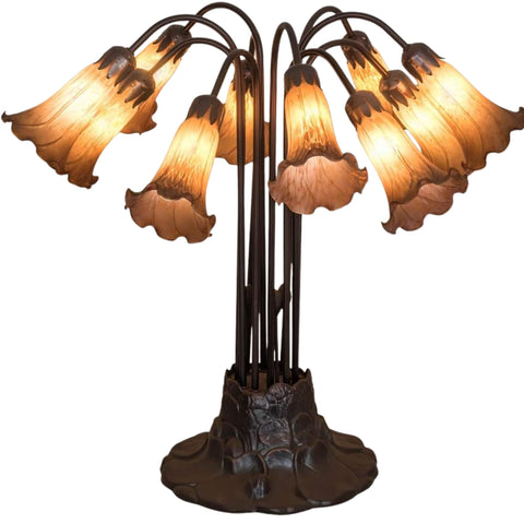 Oakestry 22" Amber Pond Lily Table Lamp, 10-Light Tiffany Style Stained Glass Shades, Mahogany Bronze Base, Vintage Floral Lighting