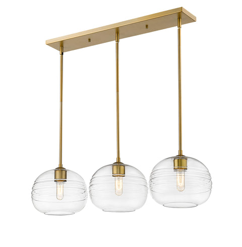 Oakestry Ayra 3-Light Linear Chandelier – Olde Brass Steel Frame with Clear Glass Shades, Modern Transitional Design for Kitchen & Dining Room