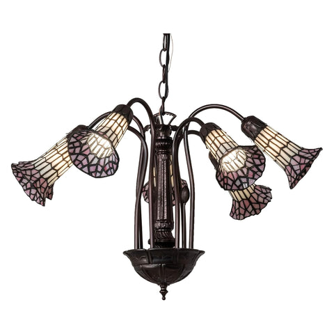 Oakestry 24 Inch Wide Tiffany Pond Lily 7 Light Chandelier Stained Glass Floral Ceiling Fixture Vintage Art Deco Hanging Lamp Antique Style Lighting for Dining Room Living Room