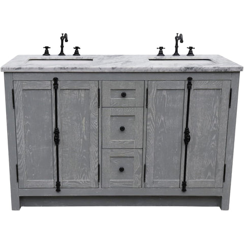 Oakestry 55" Double Sink Bathroom Vanity with White Carrara Marble Top, Solid Wood Cabinet, Gray Ash Finish, Freestanding, Rectangle Undermount Ceramic Sinks