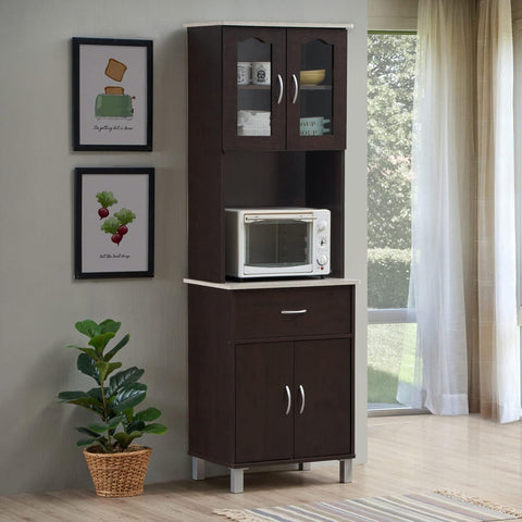 Oakestry Kitchen Cabinet with Top and Bottom Enclosed Cabinet Space 1-Drawer plus Large Open Space for Microwave in Chocolate-Grey