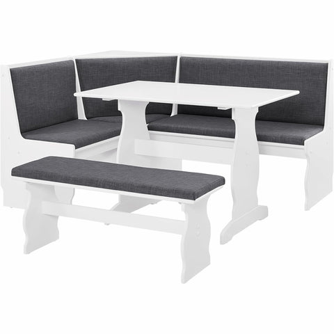 Oakestry Sasha Charcoal 3-Piece Corner Nook Dining Set with White Finish & Charcoal Upholstered Seats, Space-Saving Kitchen Breakfast Nook