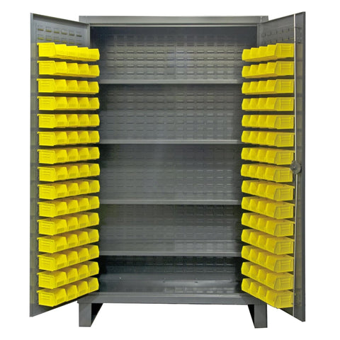 Oakestry Extra Heavy Duty 12-Gauge Steel Storage Cabinet with Adjustable Shelves & Bins, Recessed Locking Louvered Doors, Industrial Garage Office Utility Cupboard Organizer (Grey, Yellow)