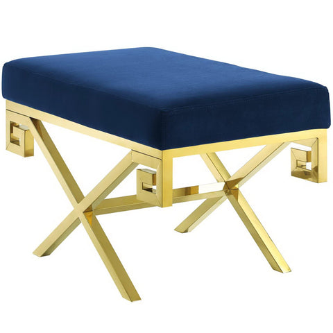 Oakestry Rove Performance Velvet Accent Bench with Gold Stainless Steel Greek Key Base, Navy Blue Upholstered Bedroom & Living Room Bench