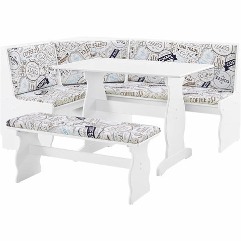 Oakestry White Coffee Nook Dining Set for Small Spaces – Includes Corner Bench, Table & Bench, Upholstered Seats, Seats Up to 6, Durable Pine Wood Construction