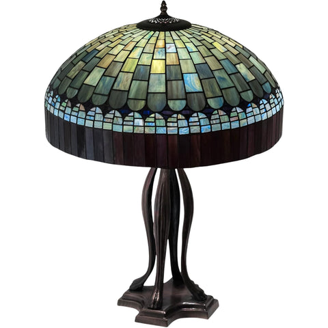 Oakestry 30" Tiffany Candice Table Lamp, Multicolor Stained Glass Shade with Plum Fringe, Mahogany Bronze Base, 3-Light E26 Decorative Accent Lamp