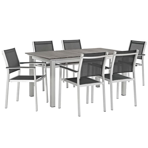 Oakestry Shore 7 Piece Outdoor Patio Aluminum Dining Set with Extendable Table and Black Mesh Armchairs