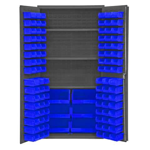 Oakestry 16 Gauge Steel Bin & Shelf Cabinet 36” x 24” x 72”, 3 Adjustable Shelves, 102 Blue Bins, Flush Louvered Lockable Doors, Gray