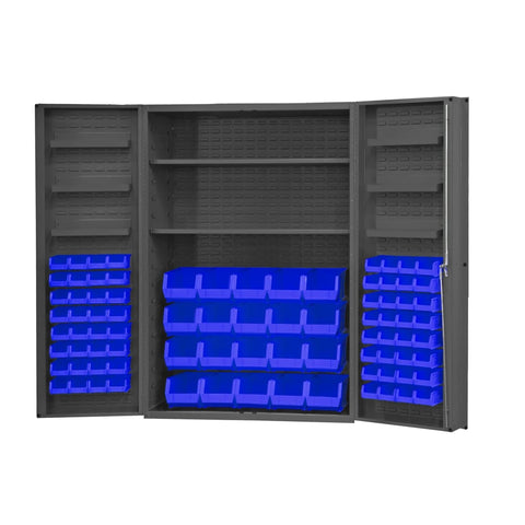 Oakestry Heavy Duty 14-Gauge Steel Storage Cabinet with 2 Adjustable Shelves, 84 Red Bins & 6 Door Shelves, 4” Deep Box Doors with Louvered Panels, Lockable Chrome Handle with Keys (Grey, Blue)