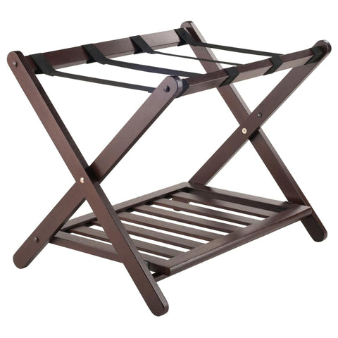 Oakestry Remy Luggage Rack with Storage Shelf – No Assembly Required, Cappuccino Finish, Practical Guest Room Accessory for Travel Bags and Extra Storage