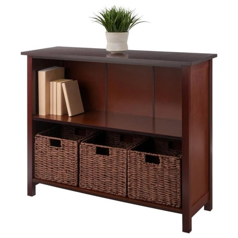 Oakestry Milan 4-Pc Wood Storage Shelf with 3 Foldable Woven Baskets, Walnut – Functional Organizer for Living Room, Bedroom, Home Office, or Closet