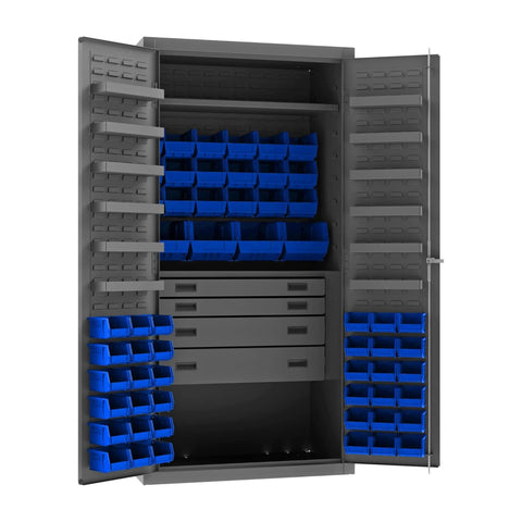 Oakestry Heavy Duty Cabinet 14 Gauge 1 Fixed Shelf 1 Adjustable Shelf 58 Bins Flush Doors with Louvered Panel 4 Drawers 12 Door Shelves Lockable Chrome Handle with Keys (Grey, Blue)