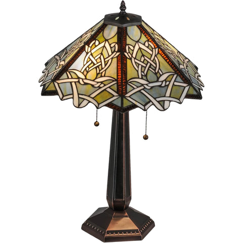 Oakestry 24.5" Glasgow Bungalow Table Lamp, Art Glass Stained Shade, Mahogany Bronze Base, Dual E26 Decorative Craftsman Accent Lamp