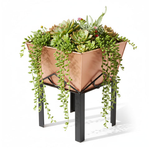 Oakestry Marion II Planter with Stand, Copper Plated Square Flower Box & Black Wrought Iron Base, Indoor Outdoor Tall Geometric Plant Stand