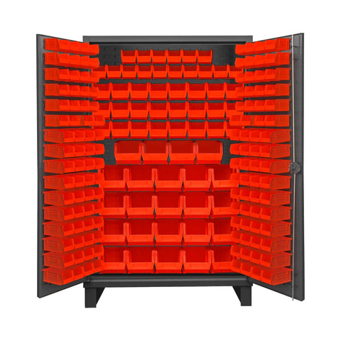 Oakestry Extra Heavy Duty 12-Gauge Steel Storage Cabinet with 192 Bins, Recessed Locking Louvered Doors, Cast Iron Padlock Handle, Industrial Garage Workshop Organizer (Grey, Red)