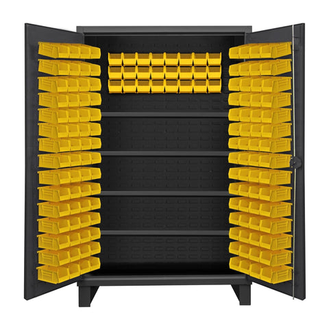 Oakestry Extra Heavy Duty 12-Gauge Steel Storage Cabinet with 4 Adjustable Shelves & 144 Bins, Recessed Locking Louvered Doors, Cast Iron Padlockable Handle, Gray Industrial Garage Organizer