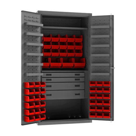 Oakestry Heavy Duty Cabinet 14 Gauge 1 Fixed Shelf 1 Adjustable Shelf 58 Red Bins Flush Doors with Louvered Panel 4 Drawers 12 Door Shelves Lockable Chrome Handle with Keys