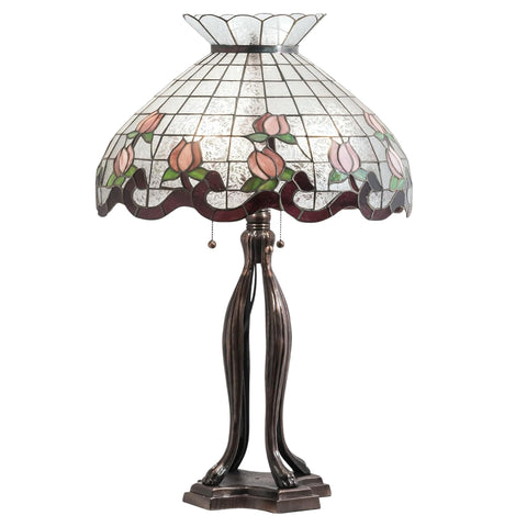 Oakestry 32" Roseborder Tiffany Style Table Lamp, Floral Stained Glass Shade with Rosebuds, Mahogany Bronze Base, 3-Light E26 Decorative Accent Lamp