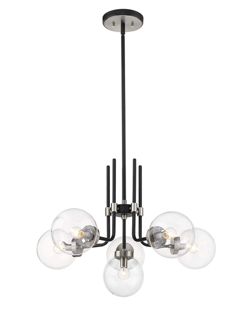Oakestry 6 Light Chandelier Matte Black Brushed Nickel Steel Clear Modern, Transitional, Mid-Century, Retro Ceiling Lighting Fixture for Dining Room Foyer Great Room Hallway Kitchen Modern Home Décor