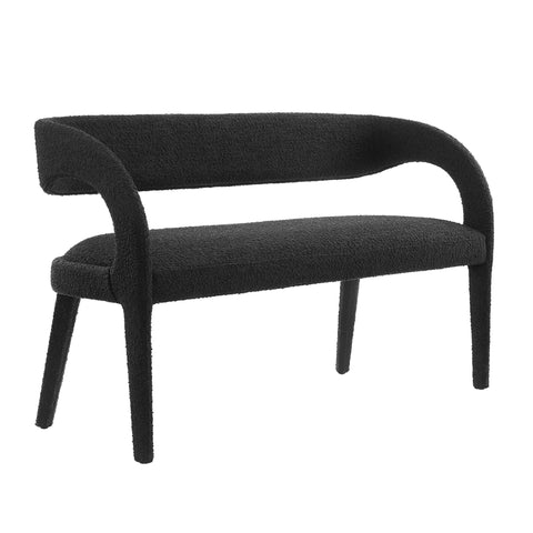 Oakestry Pinnacle Boucle Fabric Accent Bench, Modern Upholstered Dining Bench with Curved Backrest and Open Design, Black