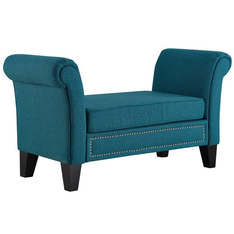 Oakestry Rendezvous Upholstered Bench, Modern Farmhouse Accent Bench with Rounded Armrests and Nailhead Trim, Teal