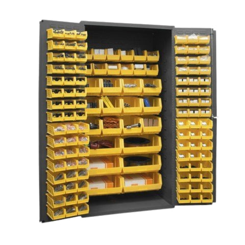 Oakestry 16 Gauge Steel Bin Cabinet 36” x 24” x 72”, 126 Yellow Bins, Flush Louvered Lockable Doors, Chrome Handle with Keys, Gray