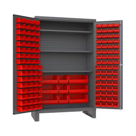 Oakestry Heavy Duty Cabinet 14 Gauge 48 x 24 x 78 3 Adjustable Shelves 137 Red Bins Flush Doors Lockable Chrome Handle with Keys Gray