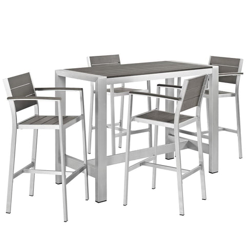 Oakestry Shore 5 Piece Outdoor Patio Aluminum Bar Dining Set in Silver Gray